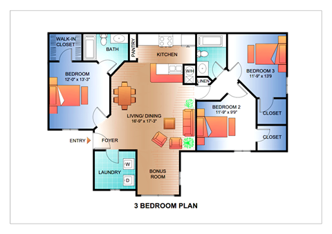 a floor plan of a 3 bedroom plan with a bathroom and a living room